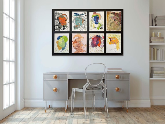 PORTRAITS Of DREAMING II - 58x38" oil on canvas, eight portraits, framed wall decor, original painting by Nguyen Ly Phuong Ngoc