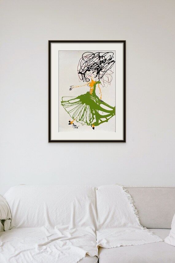 GREEN DRESS 16x21.5” oil on paper, lines, fun wall decor, original painting by Nguyen Ly Phuong Ngoc