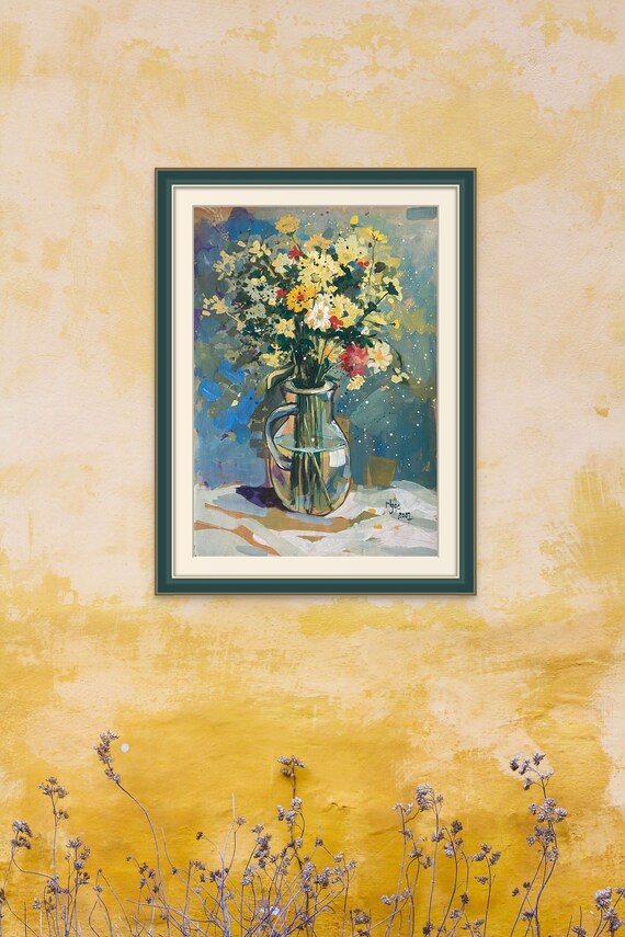 STILL LIFE BOUQUET 16x22” gouache on paper, flowers, floral wall decor, unframed, original painting by Nguyen Ly Phuong Ngoc