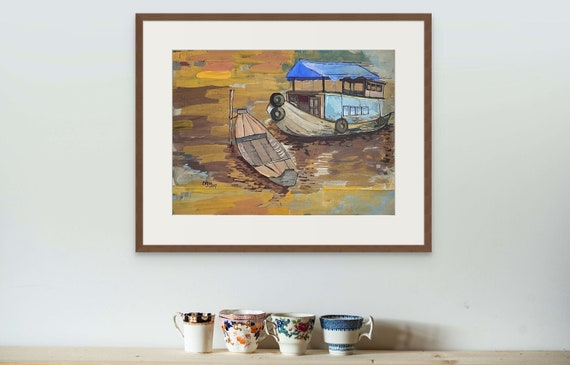 WOODEN BOATS 16X20" gouache on paper, live painting, Mekong Delta (Cần Thơ Province), unframed, original by Nguyen Ly Phuong Ngoc