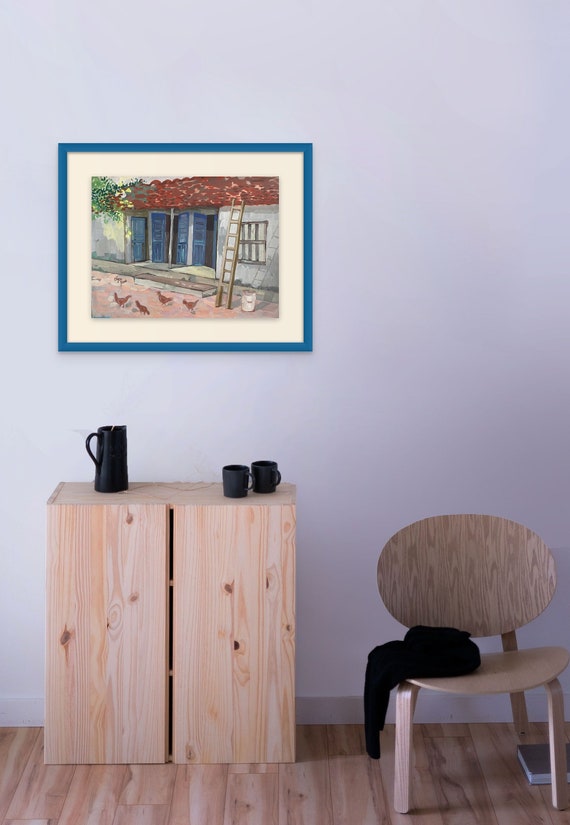OPEN DOORS 20x16" gouache on paper, live painting, Vietnam village scene (Đường Lâm), unframed, original by Nguyen Ly Phuong Ngoc