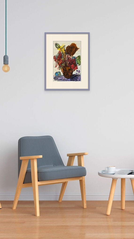 FLOWER VASE, 12x18 in, water color and black ink on paper,unframed, collaborative art, Original by Nguyen Ly Phuong Ngoc