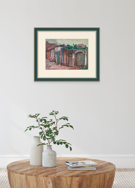 VILLAGE ROAD 16x20” gouache on paper, live painting, Vietnam village scene (Đường Lâm), unframed, original by Nguyen Ly Phuong Ngoc