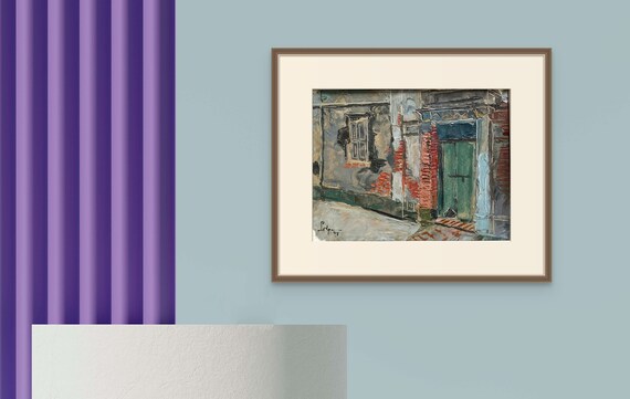 GREEN WOODEN GATE 16x14" framed oil on canvas, live painting, Vietnam village scene (Cự Đà), original by Nguyen Ly Phuong Ngoc