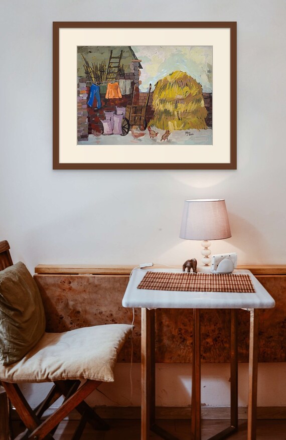 CHORES 20x16" gouache on paper, live painting, Vietnam village scene (Đường Lâm), unframed, original by Nguyen Ly Phuong Ngoc