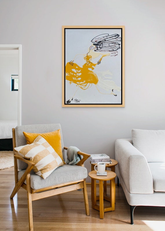 RUN, GIRL, RUN! 21.7x 15.7" oil on paper, lines, fun wall decor,unframed, original painting by Nguyen Ly Phuong Ngoc
