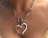 Chunky Heart Pendant Necklace - chunky silver chain necklace, statement t bar choker,gift for wife, big hollow heart pendant
