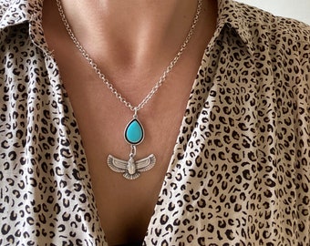 Gift For Her Girlfriend Gift Bohemian Necklace Antique Silver Flower Necklace Statement Necklace Turquoise Floral Design Necklace
