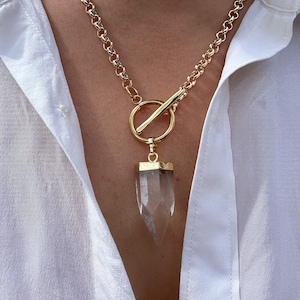 Gold Quartz Point Statement Necklace - chunky Quartz bullet pendant, bold gold plated chain  A4