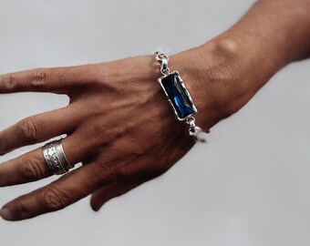Midnight Blue Crystal Chain Bracelet - Chunky Antique Silver