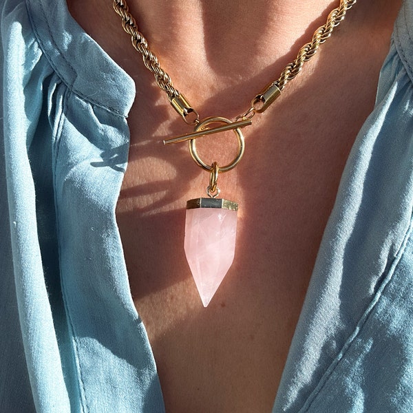 Rose Quartz Gold Bullet Necklace - rope chain pink quartz necklace, gold plated statement necklace