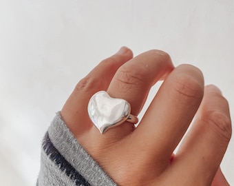 Chunky Heart Ring - big heart statement ring, silver tone adjustable  ring, A8A