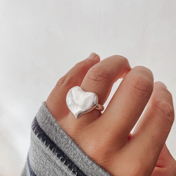 Anello a cuore d'argento grosso - anello a cuore deforme, grandi gioielli a cuore, regalo per la fidanzata moglie A8A