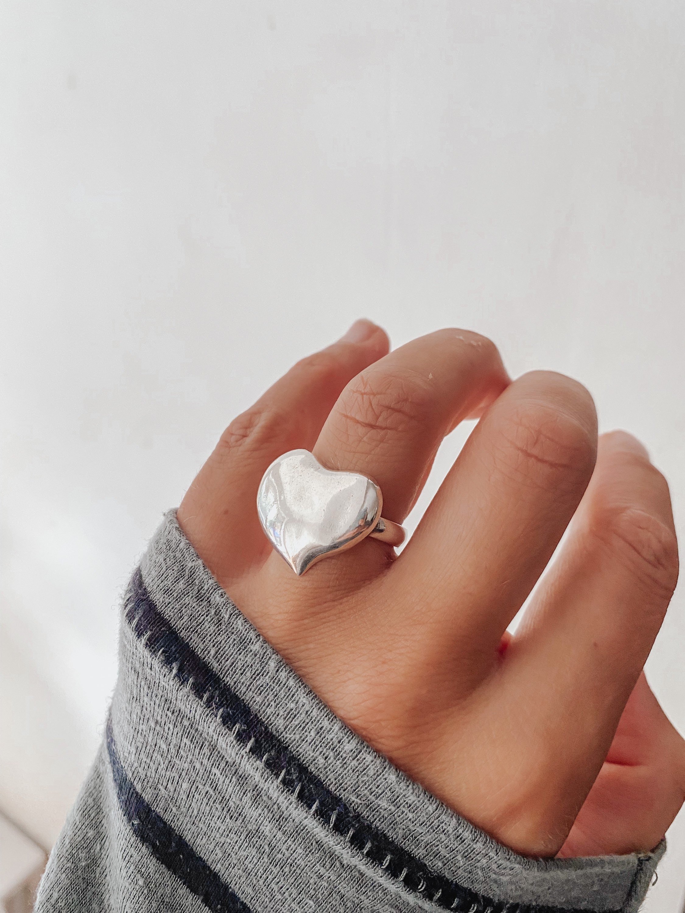 Chunky Heart Ring Big Heart Statement Ring Silver Tone Adjustable