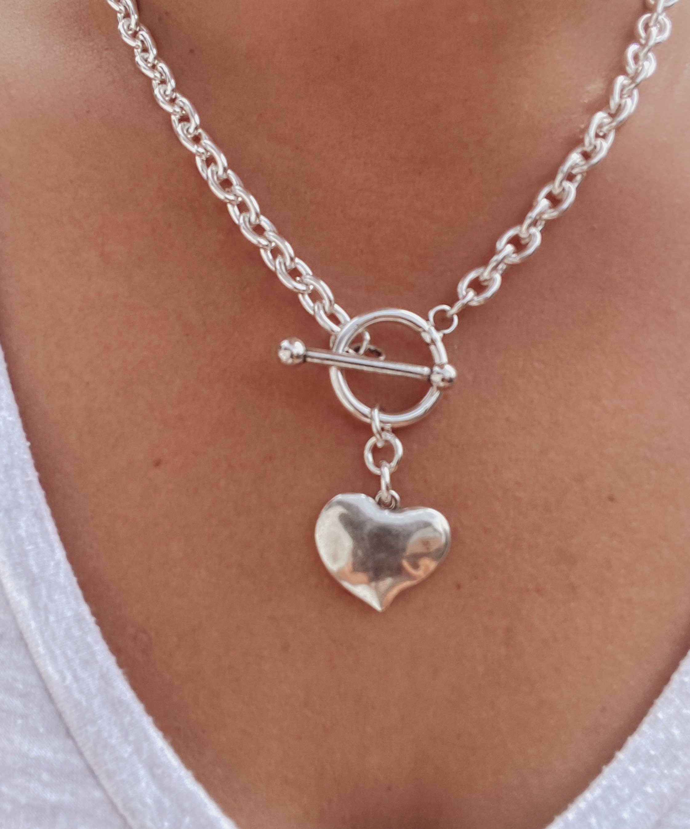 Silver heart t bar on sale necklace