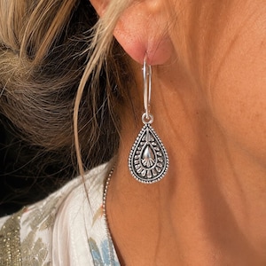 Boho Dangle Hoop Earrings: matte silver teardrop charms, bohemian festival jewellery
