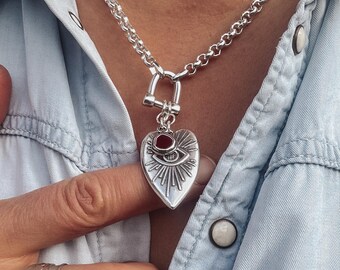 Abstract Heart Shackle Necklace - Chunky Silver Chain Evil