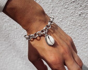 Chunky Chain Shell Bracelet - cowrie shell charm bracelet, thick heavy silver tone chain, beach themed statement jewellery