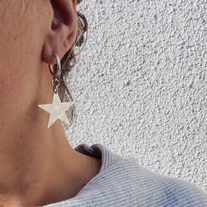 Silver Star Hoops - large star hoop earrings, celestial statement dangles B4