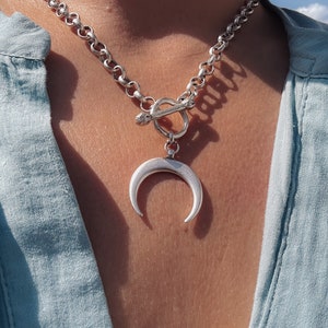 May include: A silver chain necklace with a toggle clasp and a crescent moon pendant.