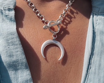 Crescent Moon T Bar Necklace - Antique Silver Plated Toggle Choker