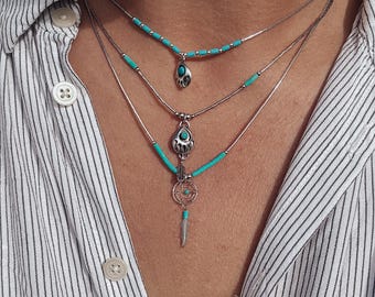 Collane vintage in stile nativo americano con turchese: acchiappasogni a strati con piume in argento sterling 925