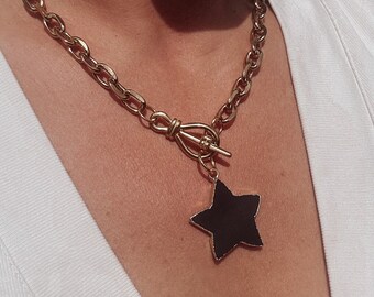 Onyx Star Chunky Gold Necklace - Toggle Clasp Gold Star