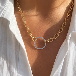 Mixed Metal Circle Necklace - gold paperclip chain, lightweight minimalist two tone jewellery