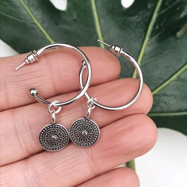 silver coin hoop earrings