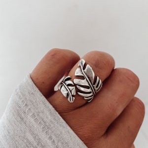 Antique Silver Plated Fern Ring - adjustable wrap around leaf ring, botanical style jewellery, size O - Q (7.5-8.5)