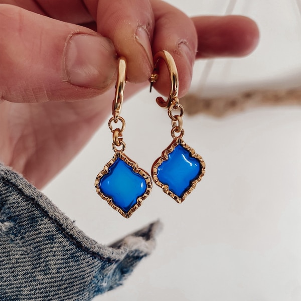 Cobalt Blue Stained Glass Earrings - ornate Moroccan style dangles, boho gold charm hoops, bohemian ethnic gold jewellery - B4