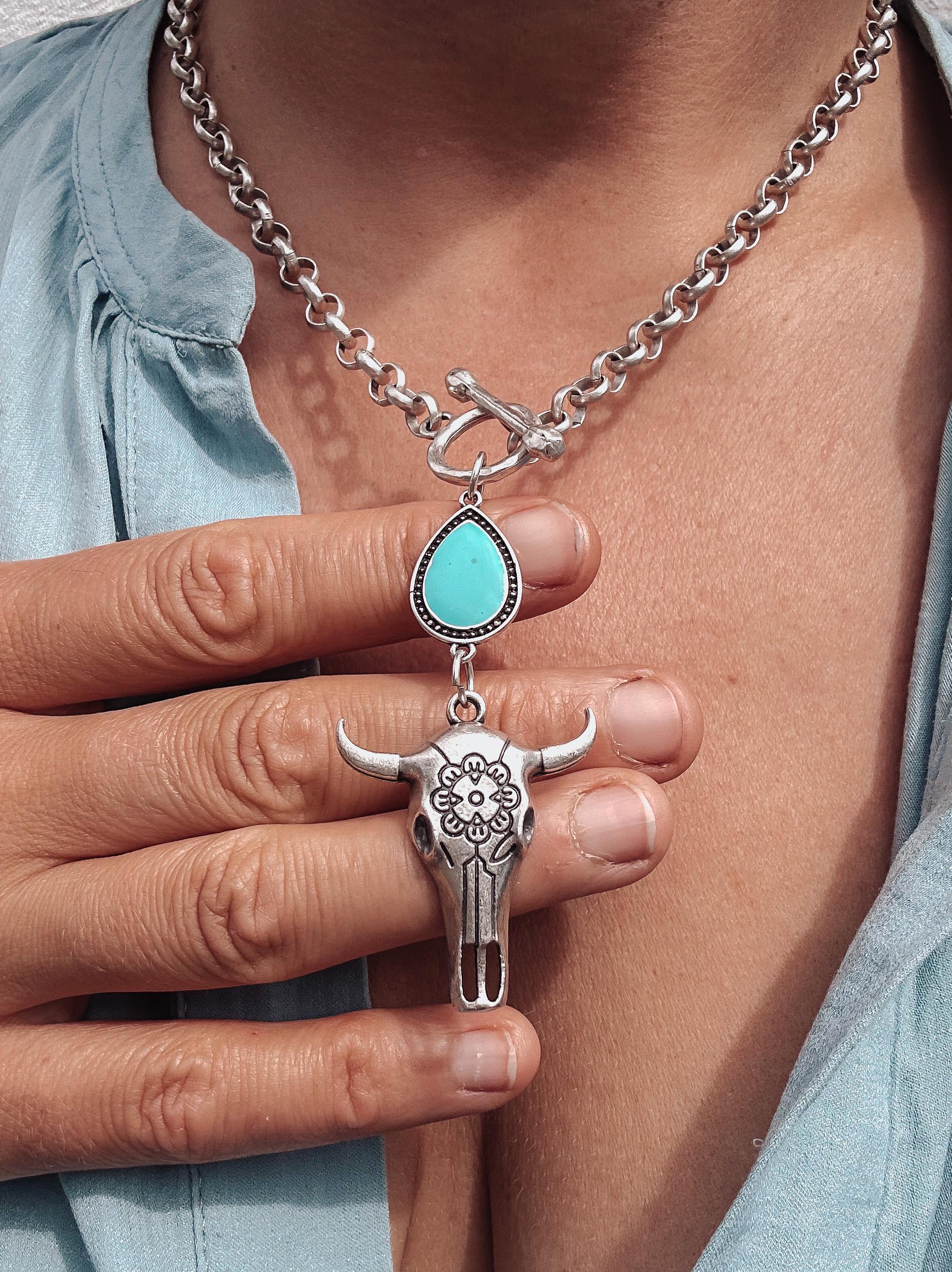Bull Head Toggle Necklace - Boho Western Chain Necklace