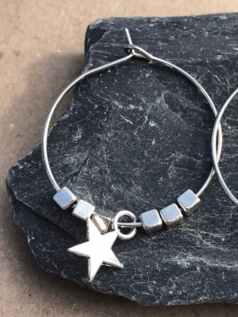 beaded hoop earrings small hoop earrings star gift for her silver star earrings Silver Star Hoops charm hoop earrings