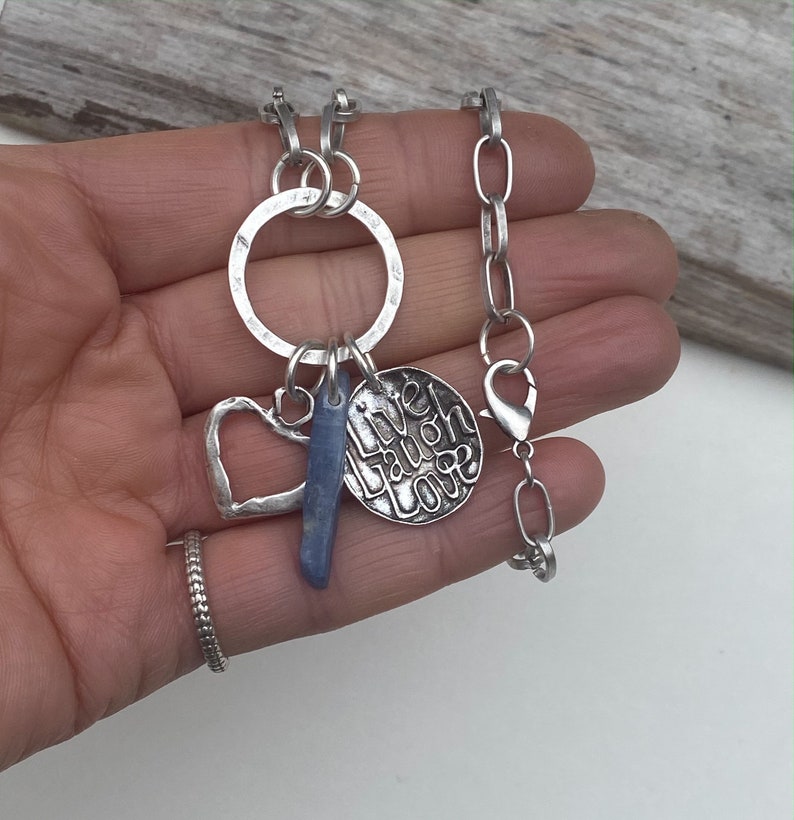 kyanite shard paper clip chain layering necklace Live Laugh Love Charm Necklace modern heart statement jewelry,