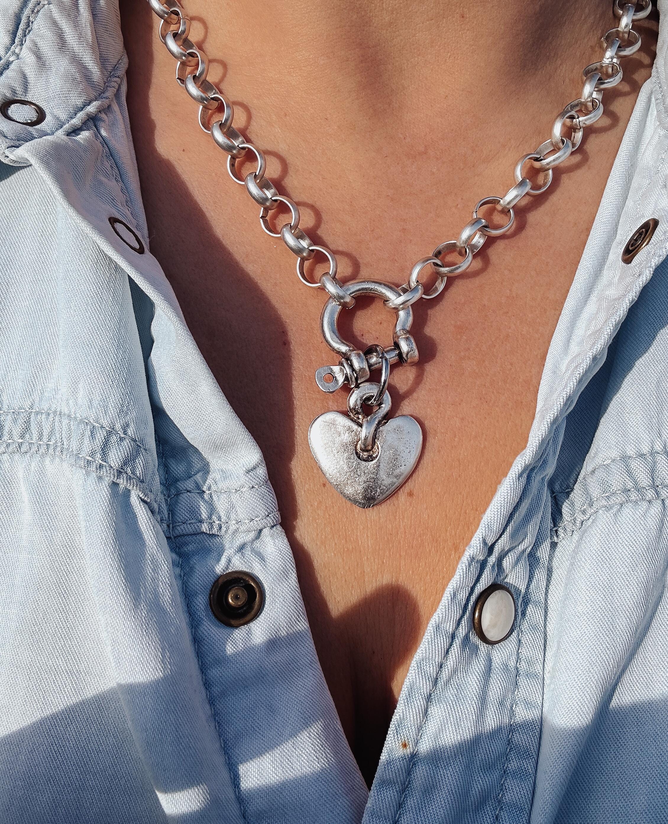 Misshapen Heart Shackle Necklace - antique silver large heart pendant, bold statement jewellery
