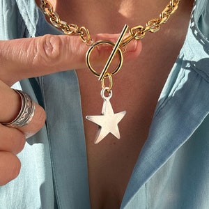 Mixed Metal Star Necklace - chunky gold toggle chain, silver star pendant, two tone statement jewellery