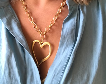 Oversized Heart Statement Necklace - matte gold chunky chain necklace, gold heart necklace, statement choker,