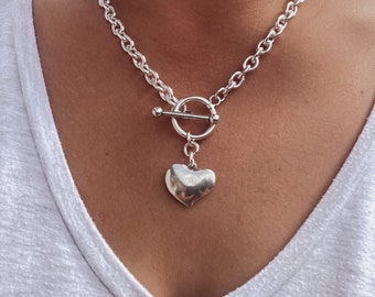 Puffed Heart Chunky Chain Choker - statement heart chain t-bar necklace, silver tone thick chain