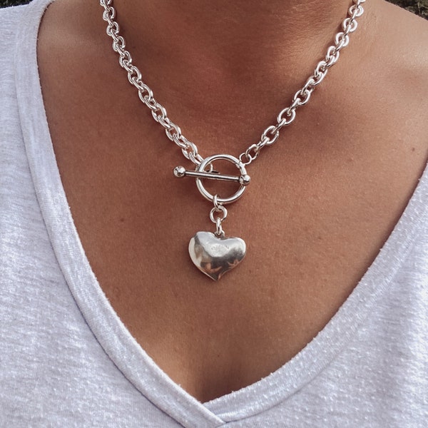 Ras de cou à grosses chaînes en forme de coeur soufflé - Collier en T avec chaîne en forme de coeur, chaîne épaisse argentée