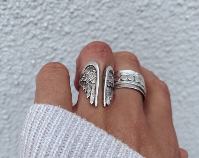 Antique Silver Plated Angel Wings Ring: Adjustable Boho Statement Jewelry