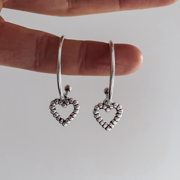 Hollow Heart Charm Hoops - antique silver plated open hoops,