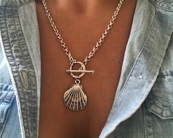 Silver Clam Shell Toggle Necklace - boho beach inspired jewellery, matte silver bohemian choker, layering statement necklace, gift for her