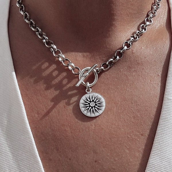 Sunburst Medallion Necklace - t bar silver chain, aztec coin pendant, layering disc necklace