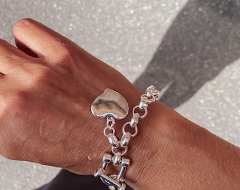 Horseshoe  Heart Chain Bracelet - t bar heart charm bracelet, thick silver plated chain