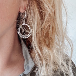 Hippie Statement Antique Silver Dangles - bohemian large beaded hoops