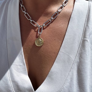 Chunky Paperclip Chain Necklace: Mixed Metal Roman Coin Pendant