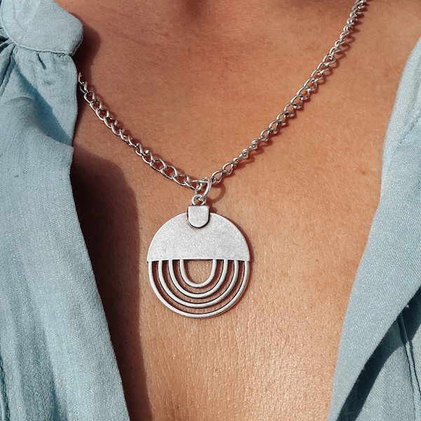 Collier superposition de cercles géométriques - collier pendentif rond minimaliste en argent, chaîne fine de bijoux à empiler