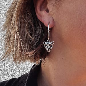 Leopard Head Charm Hoops - 30mm antique silver plated earrings, wild cat jewellery
