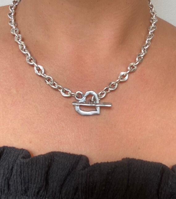 Silver Heart Toggle Choker Chunky T Bar 