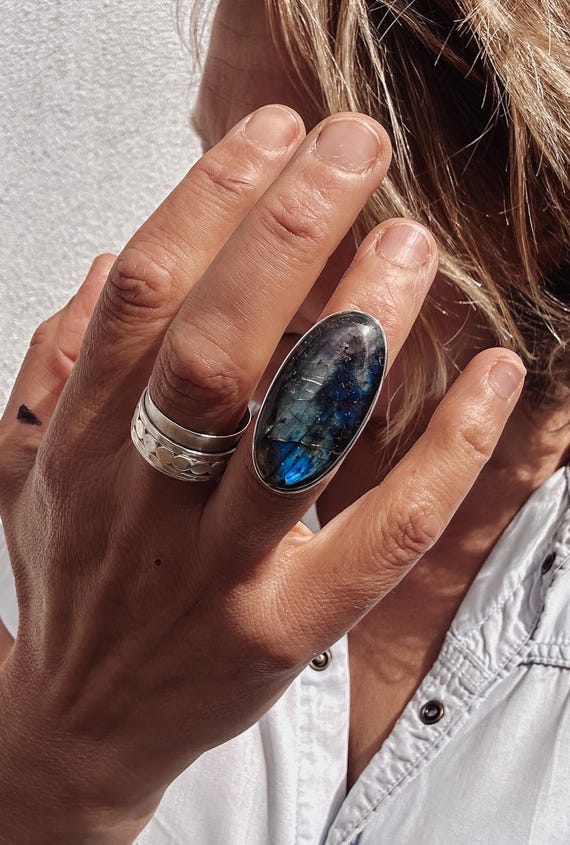 Bague Fine En Labradorite Ovale En Argent Sterling 925 Cadeau Spirituel